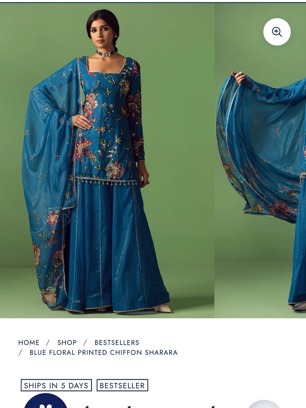 Teal Blue Floral Chiffon Long Sleeve Sharara Dress